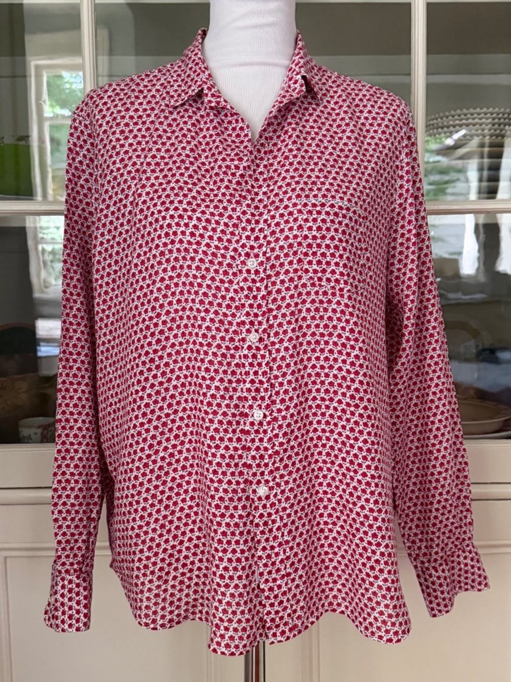 Frank & Eileen Floral Linen Relaxed Button-Up Shirt, Large, Red & White Poppy